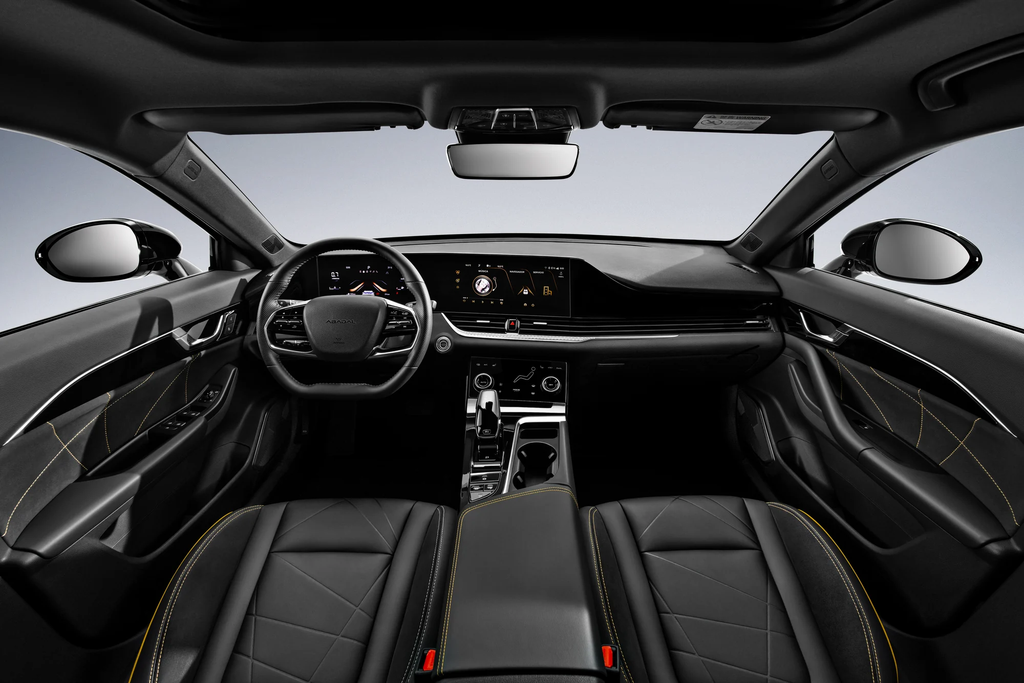 Full ABADAL NOVO interior: dashboard, steering wheel, dual display and black leather seats
