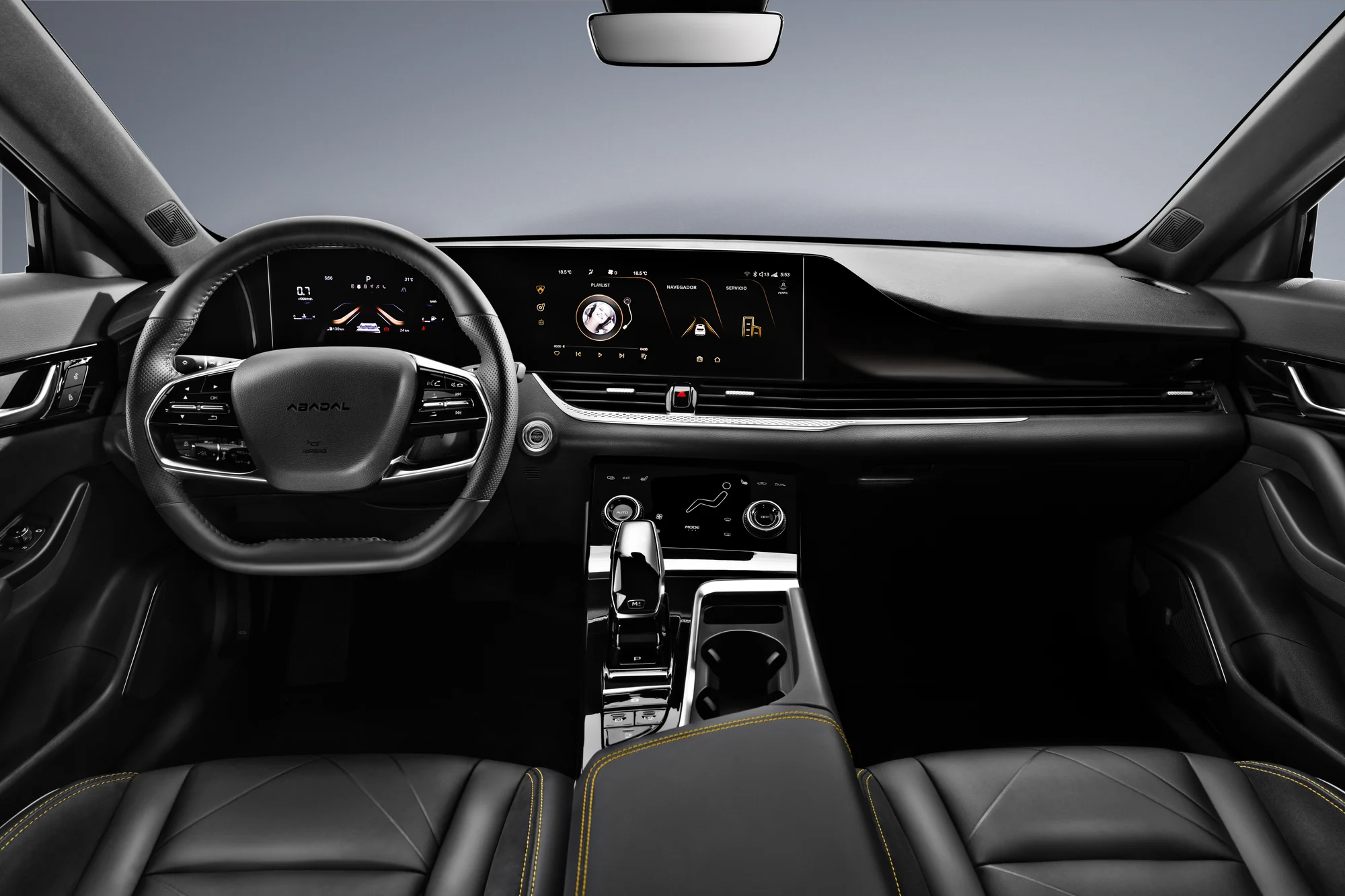 Front dashboard of the ABADAL NOVO with the curved dual display lit up